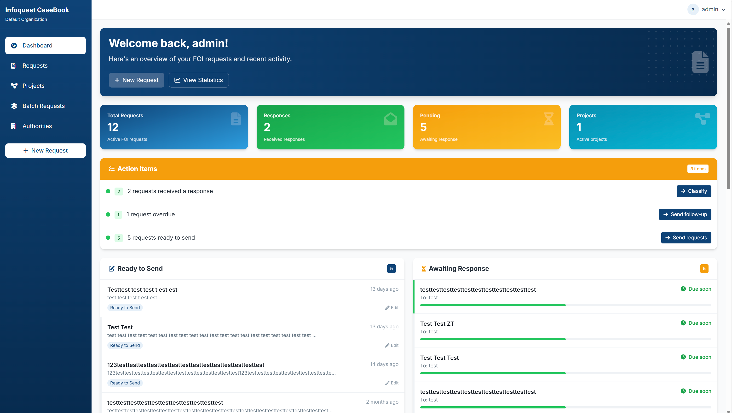 OIA Request dashboard showing summary cards for total requests, responses, pending items, and active projects; an action-items list; and panels listing requests ready to send and those awaiting response.